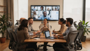 Divers team werkt samen aan sociale duurzaamheid op moderne werkplek met focus op vitaliteit, veiligheid, ontwikkeling en werk-privébalans